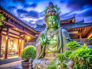Fototapeta premium Enigmatic Low Light Photography of Fudo Myoo: Capturing the Mystique of the Buddhist Guardian in a Dimly Lit Temple Setting with Atmospheric Shadows and Soft Glows