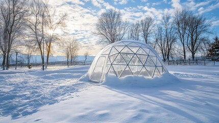 A clear geodesic dome structure stands in a snowy field, with trees and a distant mountain range in the background.