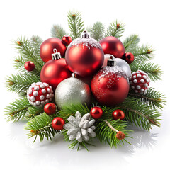 Christmas decoration Floral wreath, red bow, berries and gold lights isolated on white
