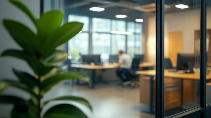 A blurred view of a modern office space seen through a glass partition, with a plant in the foreground adding a touch of greenery.
