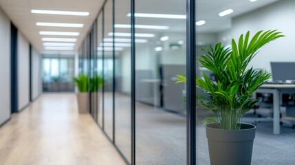 A green potted plant stands in front of a glass wall in a modern office hallway. The hallway is clean and bright with white walls and a wood floor.