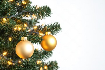 Obraz premium A close-up view of a beautifully decorated Christmas tree featuring gold ornaments