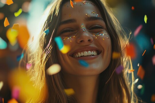 A woman covered in colorful confetti, ideal for celebrations and parties