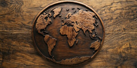 Fototapeta premium A wooden plaque featuring a detailed map of the world, perfect for use as a decorative piece or educational tool