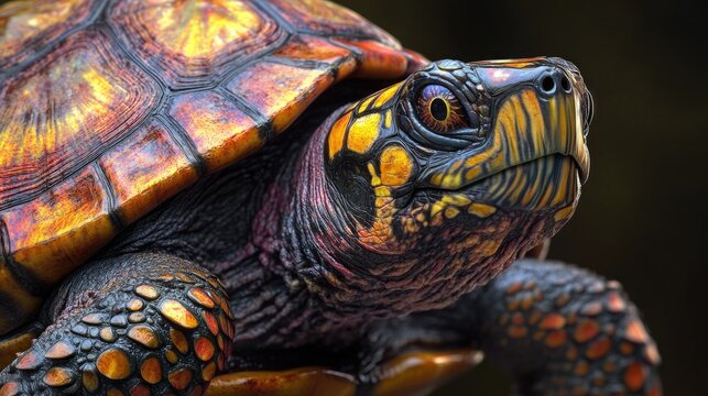 A close-up shot of a turtle sitting on a rock, its shell glistening in the sunlight