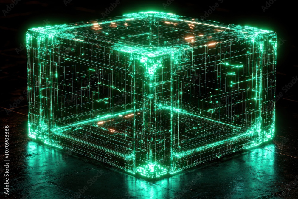 Poster A luminous green cube with intricate lines and a reflective surface.
