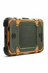 Green and orange ruggedized handheld device.