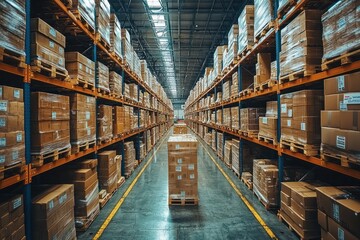 A Long Row of Pallets Filled with Stacked Cardboard Boxes in a Warehouse