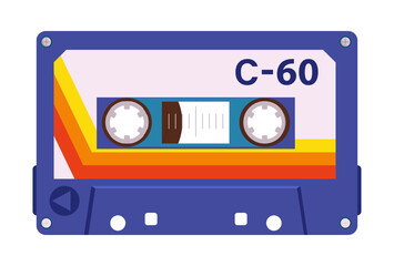 Old school cassette. Vintage audio tape cassette, 80s tape record, music audio cassette flat vector illustration. Cartoon 90s analogue player tape