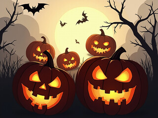 Scary and spooky pumpkin silhouettes with creepy expressions isolated on a transparent background for party posters and celebrations