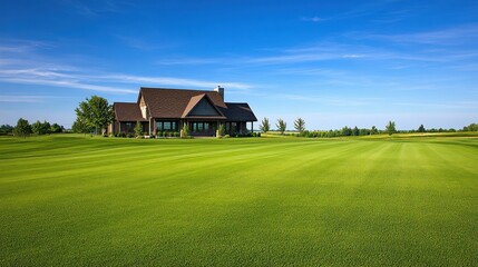 Obraz premium A serene landscape featuring a house on a lush green lawn under a clear blue sky.