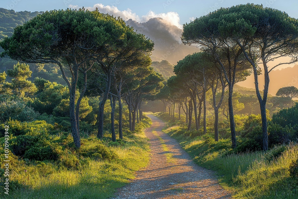 Poster sunlit pathway through a forest of pine trees