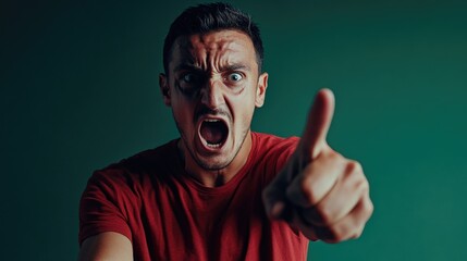 A person wearing a bright red shirt with a shocked expression
