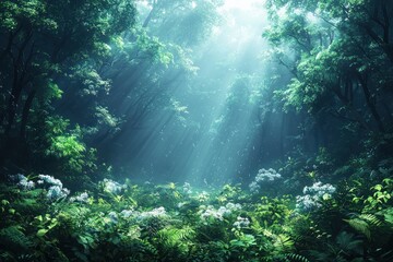 Obraz premium Sunbeams Illuminating a Dense Forest Floor with White Flowers