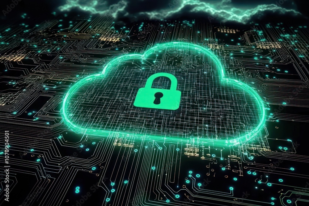 Poster A Glowing Green Cloud Icon with a Lock Symbol on a Circuit Board Background