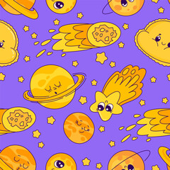 Cartoon characters planets, stars, sun and comets. Seamless pattern vector. Cute
