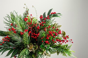 A decorative vase filled with red berries and foliage, great for holidays or home decor