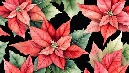 Watercolor Pattern of Red Poinsettia Flowers. Vibrant red poinsettias in full bloom cover the illustration, creating a festive and elegant Christmas design with green leaves.