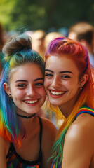 Fototapeta premium Two young women with brightly dyed hair smiling cheek to cheek, radiating joy and happiness, showcasing the beauty of friendship and inclusivity