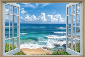 A person standing by an open window with a beautiful view of the ocean © Alla