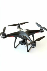 Black drone with camera and propellers.