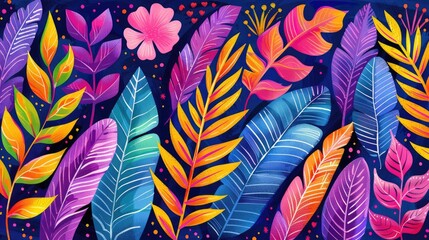 Vibrant tropical leaves in bold colors against a dark background showcasing nature's beauty