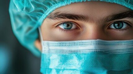 A close-up shot of a person wearing a surgical mask, great for medical or health-related themes