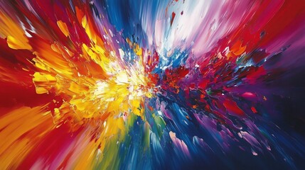 Abstract painting with vibrant colors in yellow, red, blue and purple.