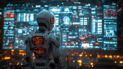 Fototapeta premium Holographic AI supervisors monitoring dynamic data in a futuristic control room at night