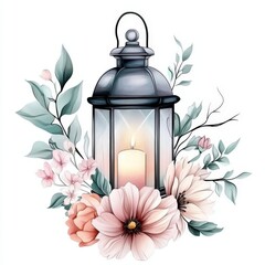 Vintage Lantern with Candle Surrounded by Blooming Flowers and Delicate Leaves