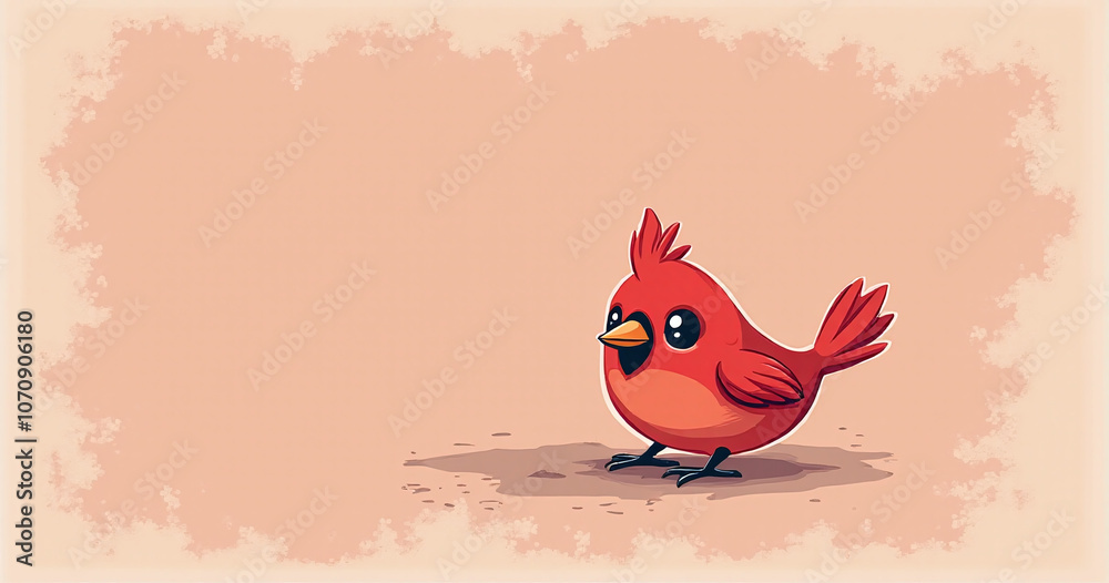 Poster simple grunge distressed print design featuring a cute kawaii cardinal in solid background and flat 