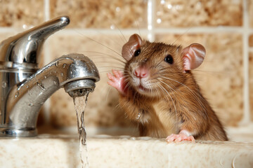 Fototapeta na wymiar A curious brown rat explores a kitchen sink while water flows from the faucet in a cozy home setting during the afternoon. Generative AI
