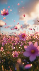 Fototapeta premium A tranquil spring morning with blooming pink flowers under a clear blue sky