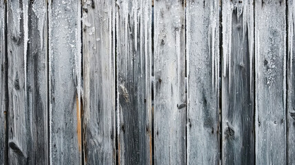 Naklejka premium A rustic, weathered wooden plank background with subtle frosty edges and icicles, perfect for evoking cozy cabin vibes with a winter twist.