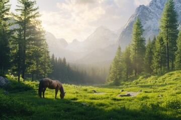 Obraz premium Serene Horse in Lush Mountain Landscape