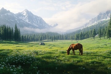 Obraz premium Serene Landscape with Horse in Mountainous Setting