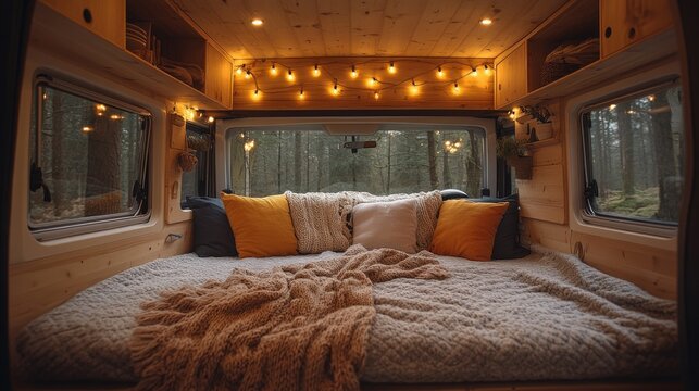 A snug camper van interior features warm fairy lights, soft blankets, and vibrant cushions, enhancing the tranquility of the surrounding forest landscape.
