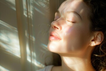 A woman sits with her eyes closed, gazing out the window