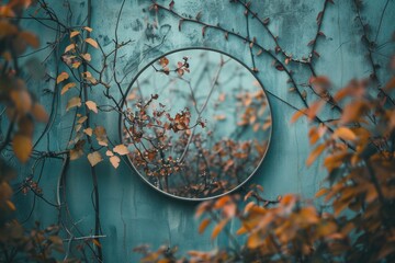 A round mirror hangs on the side of a blue wall