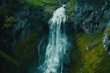 Serene Waterfall Cascading Down Rocky Cliffs