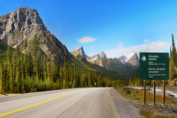 Icefield parkway trip, Canada. Scenic road in the mountains. Jasper and  Banff National Park. 