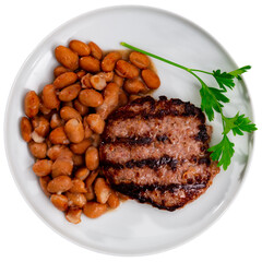 Delicious grilled beef burger cutlet served with beans on plate. Isolated over white background