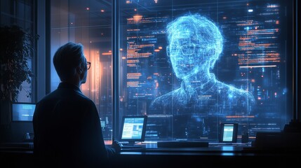 AI-driven holographic avatars showcased in a futuristic office setting during evening hours