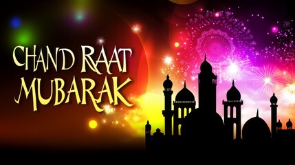 A festive greeting of 'Chand Raat Mubarak' with a silhouette of a mosque against a backdrop of fireworks and a colorful sky.