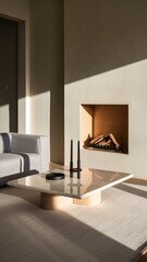 Modern Living Room with Fireplace: A contemporary living room bathed in warm sunlight, featuring a sleek, white marble coffee table, a plush sofa, and a modern fireplace for cozy evenings.