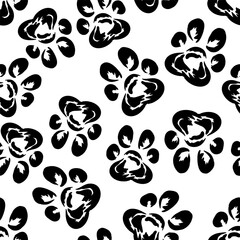 Fototapeta premium A seamless pattern of black cat and dog paws on a white background