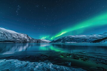 Fototapeta premium Aurora Lights above Arctic Mountains. Green Borealis Reflection on Water Surface