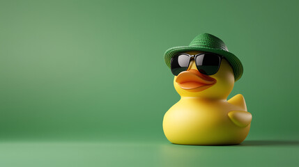 A yellow rubber duck wearing sunglasses and a tiny beach hat, set on a solid light green background