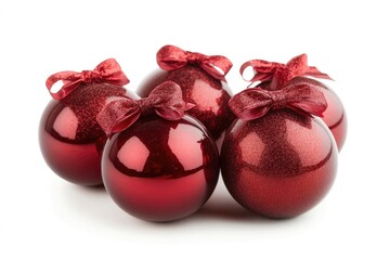 Three red Christmas balls with bows on a white background