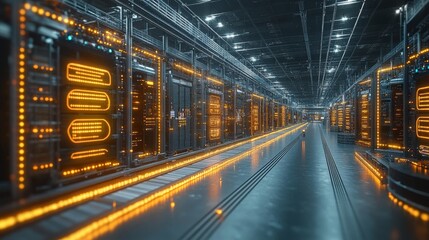 Fototapeta premium Holographic AI guides streamline operations in a modern logistics hub at night